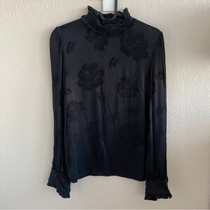 H&M high neck black blouse with rose floral print US2